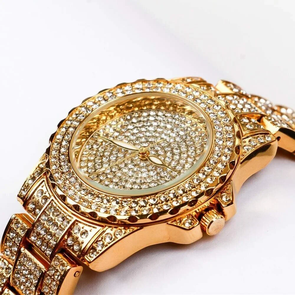 Women's Gold Crystal Rhinestone Diamond Stainless Steel Iced Out Wristwatch